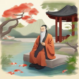 A detailed illustration of Confucius, the ancient Chinese philosopher, in a serene garden setting