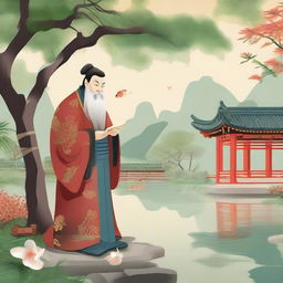 A detailed illustration of Confucius, the ancient Chinese philosopher, in a serene garden setting