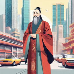 A detailed illustration of Confucius, the ancient Chinese philosopher, in a modern cityscape