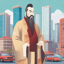 A detailed illustration of Confucius, the ancient Chinese philosopher, in a modern cityscape