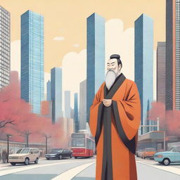 A detailed illustration of Confucius, the ancient Chinese philosopher, in a modern cityscape