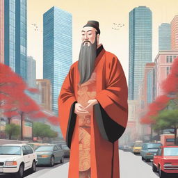 A detailed illustration of Confucius, the ancient Chinese philosopher, in a modern cityscape