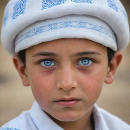 A Pashtun boy with mesmerizing blue eyes, wearing a traditional white culture hat representative of his heritage.