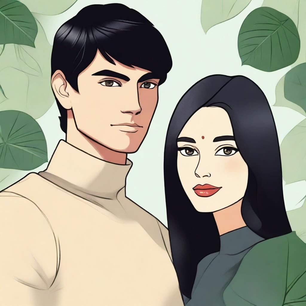 A light forest background with a beautiful Indian woman, having lotus eyes, jet black hair, a sharp nose, and plump lips, clutching a man by his shoulder