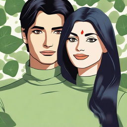 A light forest background with a beautiful Indian woman, having lotus eyes, jet black hair, a sharp nose, and plump lips, clutching a man by his shoulder