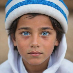 A Pashtun boy with mesmerizing blue eyes, wearing a traditional white culture hat representative of his heritage.