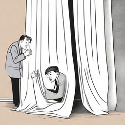 A comedic illustration of a man crouching behind a giant life insurance policy, looking fearful