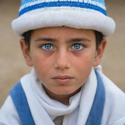 A Pashtun boy with mesmerizing blue eyes, wearing a traditional white culture hat representative of his heritage.