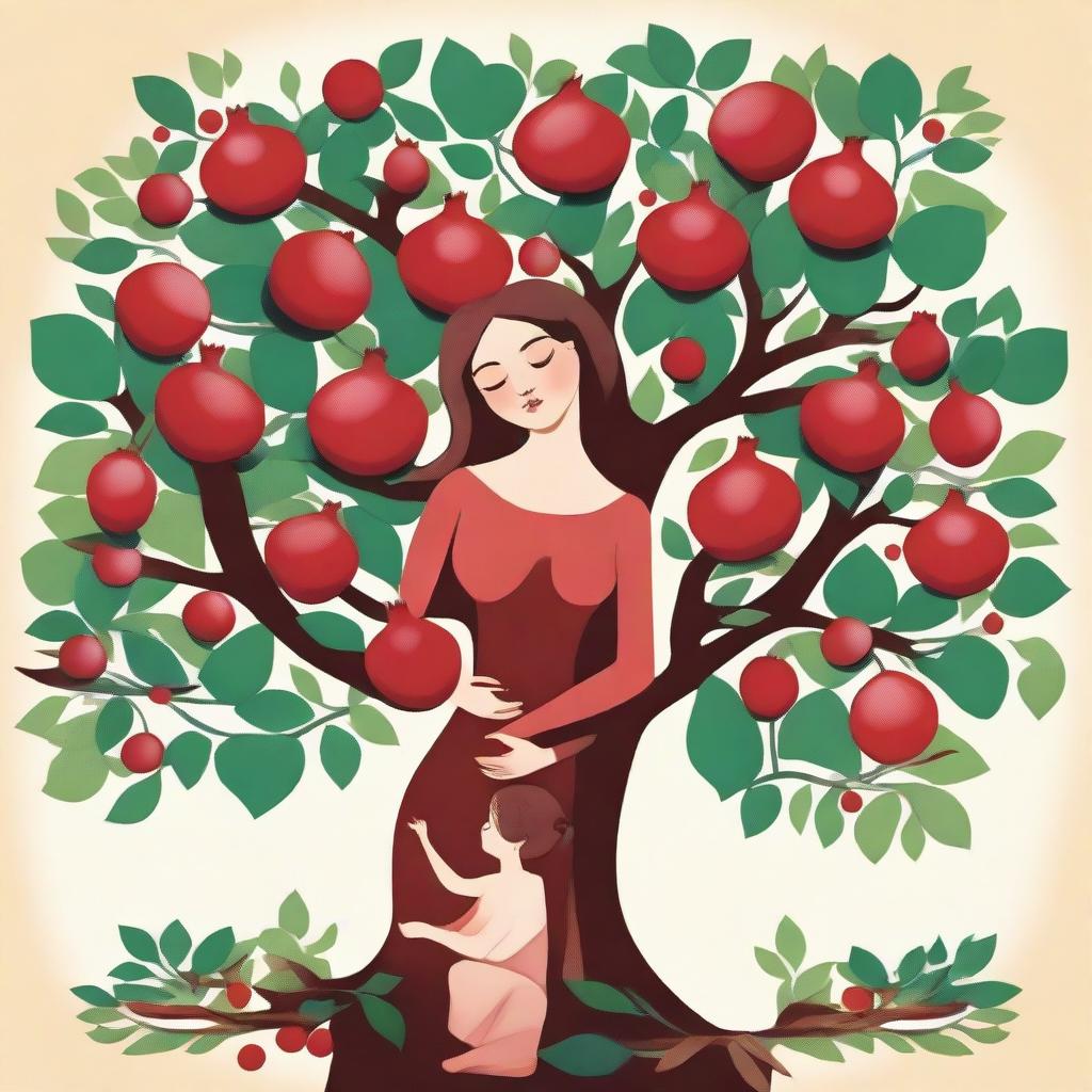 A beautiful depiction of a mother symbolized as a pomegranate tree, with branches extending like arms embracing her children