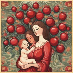 A beautiful depiction of a mother symbolized as a pomegranate tree, with branches extending like arms embracing her children