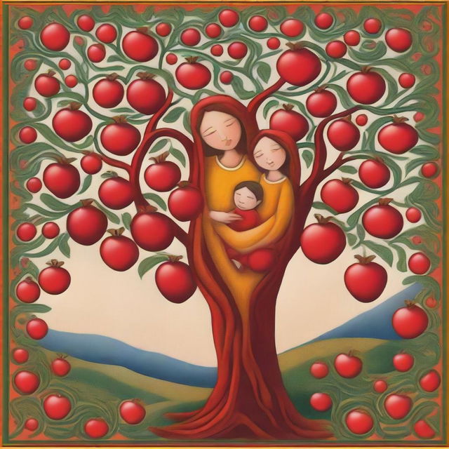 A beautiful depiction of a mother symbolized as a pomegranate tree, with branches extending like arms embracing her children