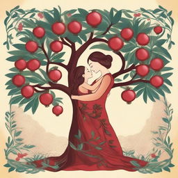 A beautiful depiction of a mother symbolized as a pomegranate tree, with branches extending like arms embracing her children