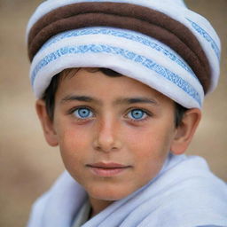 A Pashtun boy with mesmerizing blue eyes, wearing a traditional white culture hat representative of his heritage.