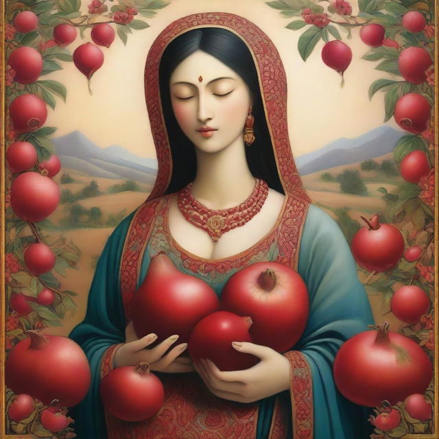 A serene mother figure with a chest made of pomegranates, symbolizing fertility and abundance