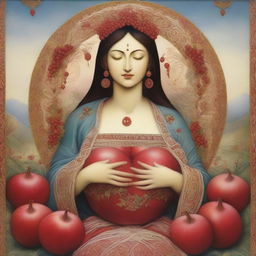 A serene mother figure with a chest made of pomegranates, symbolizing fertility and abundance