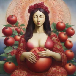 A serene mother figure with a chest made of pomegranates, symbolizing fertility and abundance