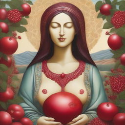 A serene mother figure with a chest made of pomegranates, symbolizing fertility and abundance