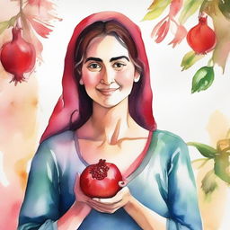 A watercolor painting of a mother holding a pomegranate