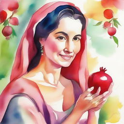 A watercolor painting of a mother holding a pomegranate