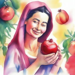 A watercolor painting of a mother holding a pomegranate