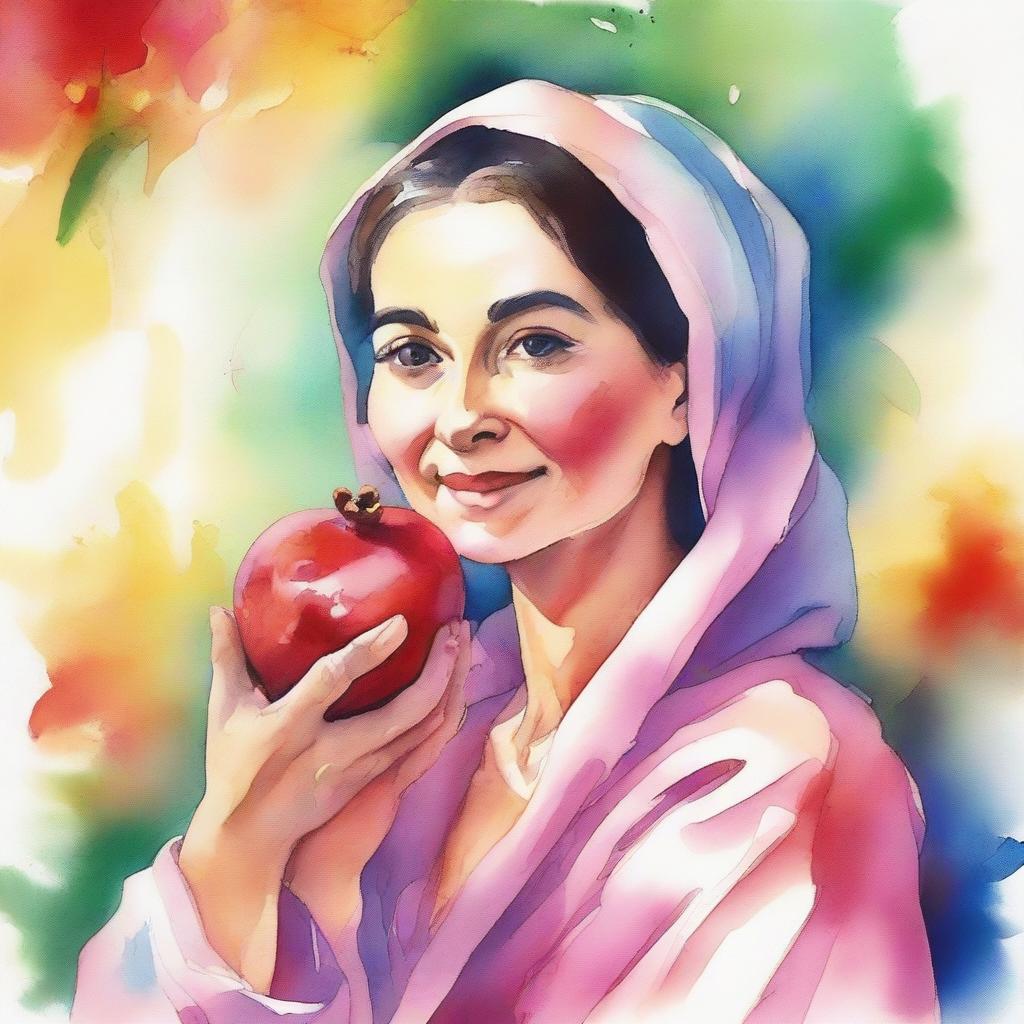 A watercolor painting of a mother holding a pomegranate