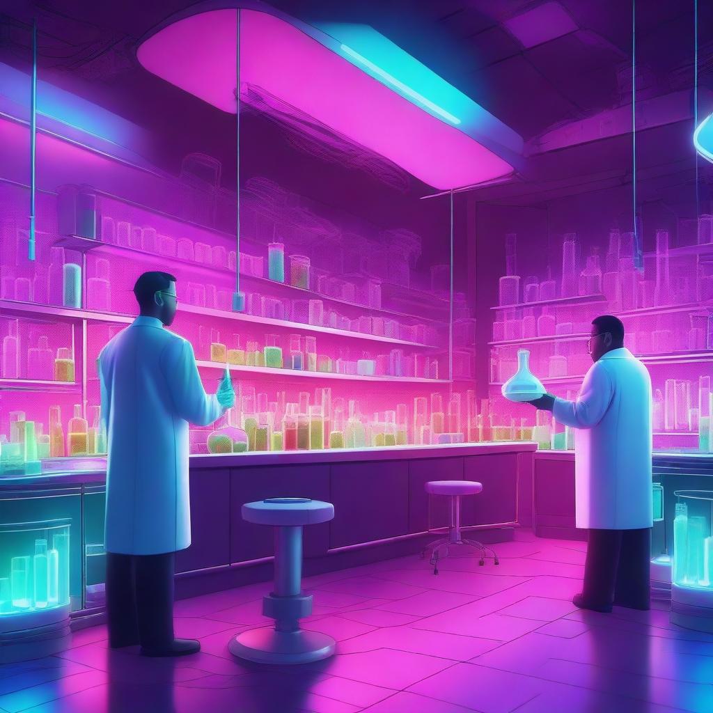 A vibrant and futuristic neon chemistry lab, filled with glowing chemical reactions, test tubes, and flasks