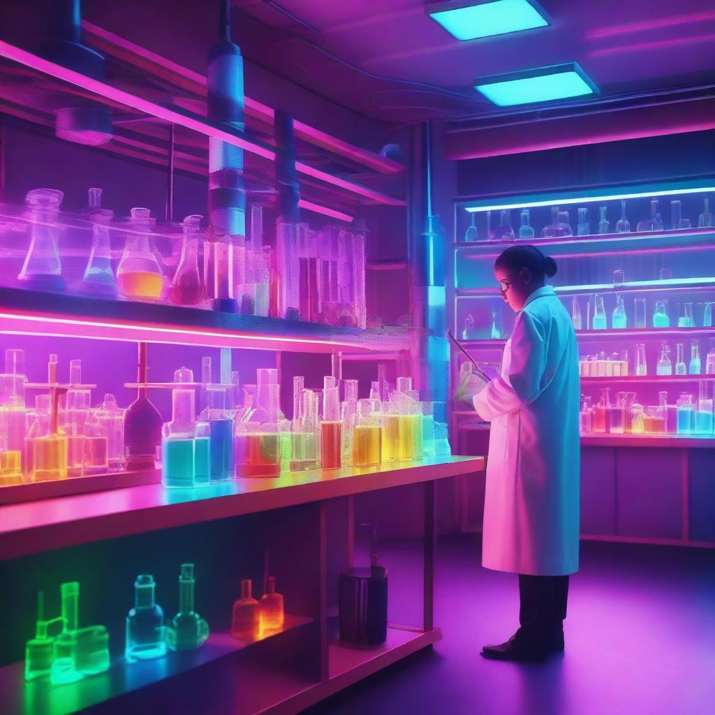 A vibrant and futuristic neon chemistry lab, filled with glowing chemical reactions, test tubes, and flasks