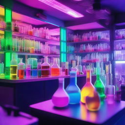 A vibrant and futuristic neon chemistry lab, filled with glowing chemical reactions, test tubes, and flasks