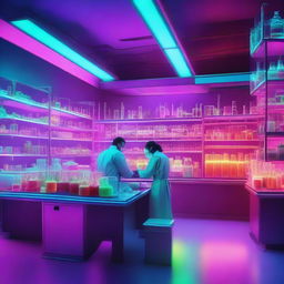 A vibrant and futuristic neon chemistry lab, filled with glowing chemical reactions, test tubes, and flasks