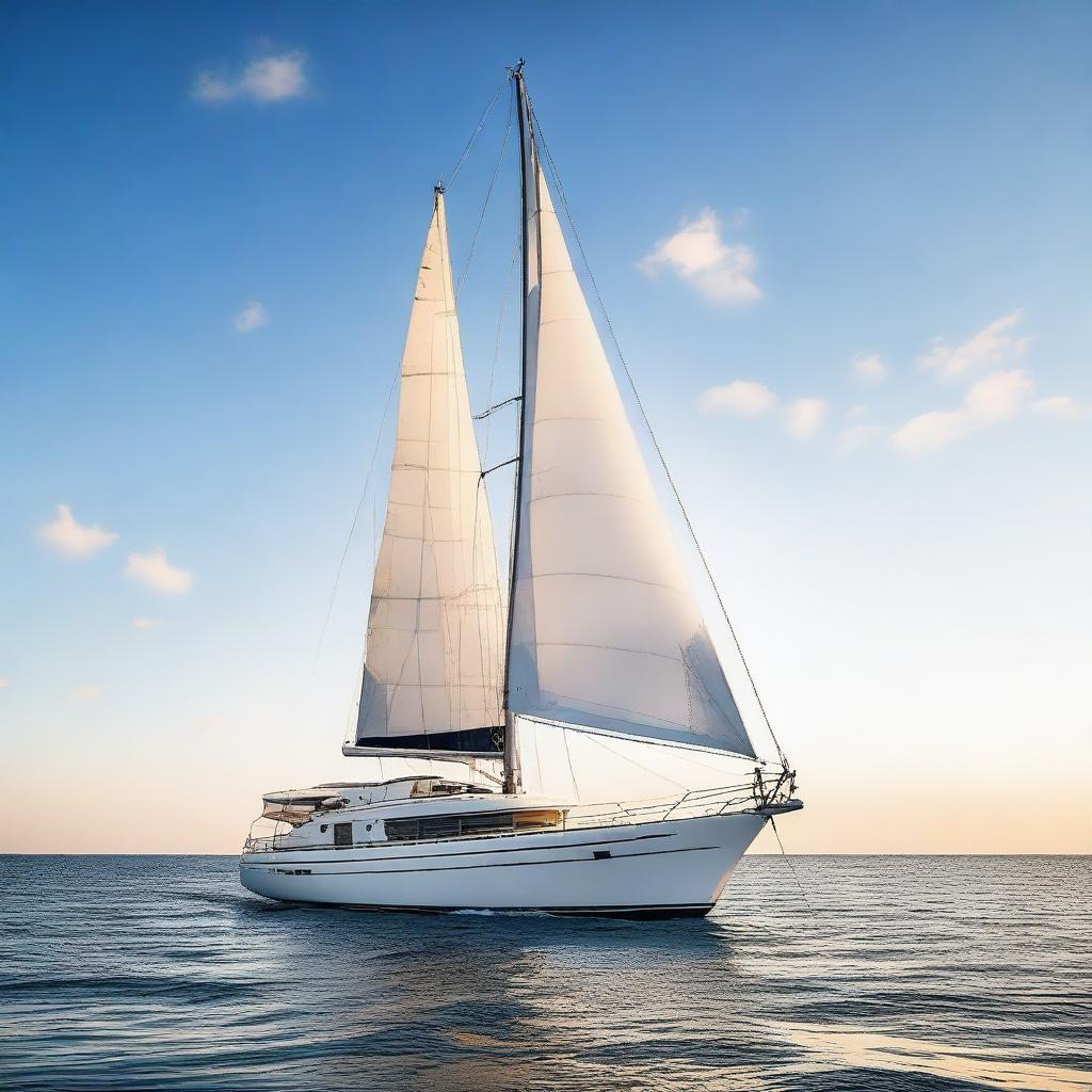 A serene and elegant yacht sailing on calm, blue waters under a clear sky