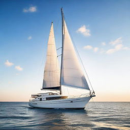 A serene and elegant yacht sailing on calm, blue waters under a clear sky