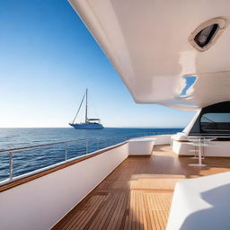 A serene and elegant yacht sailing on calm, blue waters under a clear sky