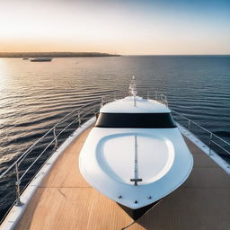 A serene and elegant yacht sailing on calm, blue waters under a clear sky