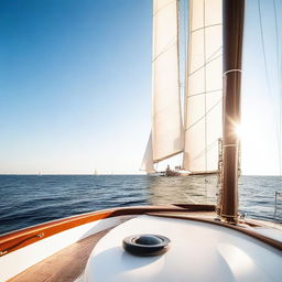 A serene and elegant yacht sailing on calm, blue waters under a clear sky