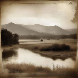 Create an image starting with a sepia-toned landscape as the base layer