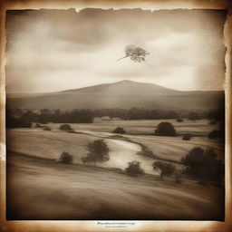 Create an image starting with a sepia-toned landscape as the base layer