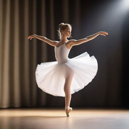 A graceful ballet dancer performing an elegant pirouette on stage, wearing a beautiful white tutu and ballet slippers