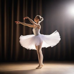 A graceful ballet dancer performing an elegant pirouette on stage, wearing a beautiful white tutu and ballet slippers