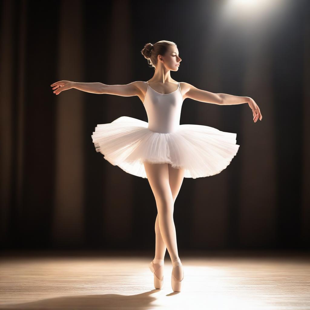 A graceful ballet dancer performing an elegant pirouette on stage, wearing a beautiful white tutu and ballet slippers