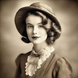 Create an image featuring a young woman in 20th century clothing placed centrally or slightly off-center for a more dynamic composition