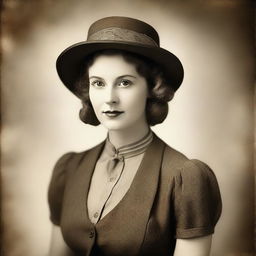 Create an image featuring a young woman in 20th century clothing placed centrally or slightly off-center for a more dynamic composition