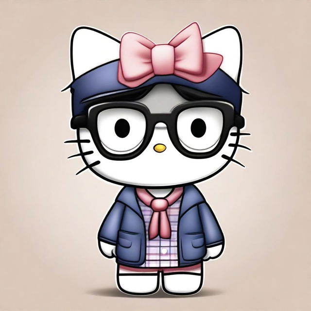 A cute Hello Kitty character dressed as a boy, wearing stylish glasses