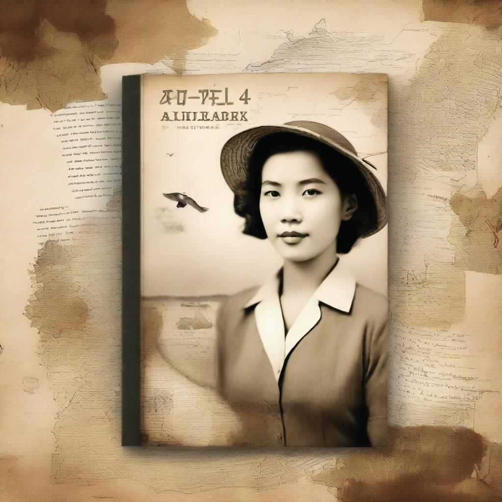 Create a vintage-themed book cover depicting a woman from 2024 traveling back to World War II-era Philippines