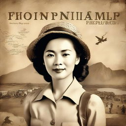 Create a vintage-themed book cover depicting a woman from 2024 traveling back to World War II-era Philippines