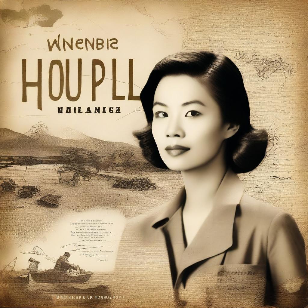 Create a vintage-themed book cover depicting a woman from 2024 traveling back to World War II-era Philippines