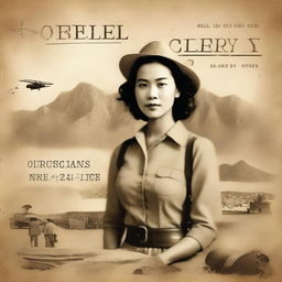 Create a vintage-themed book cover depicting a woman from 2024 traveling back to World War II-era Philippines