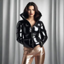 A stylish and confident woman wearing a black shiny puffer corset