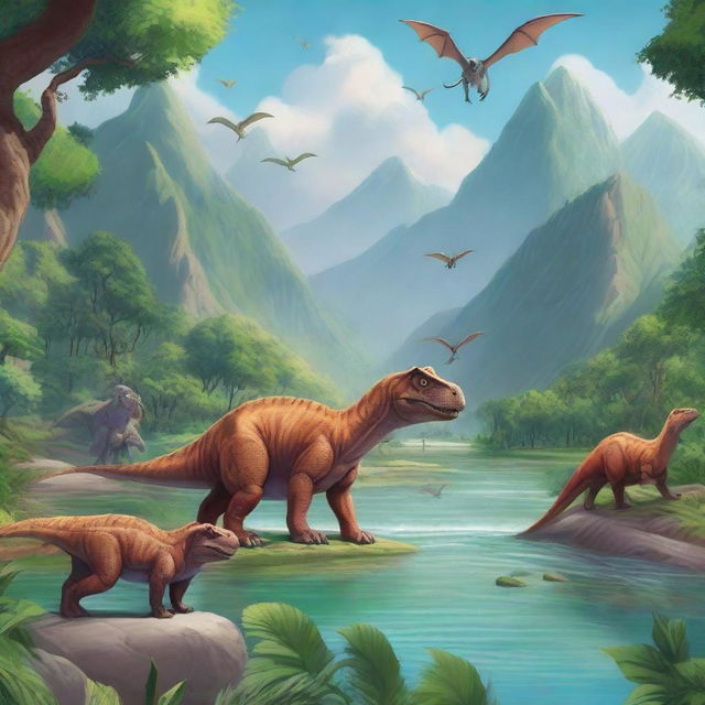 A vibrant and detailed illustration showcasing various dinosaurs in their natural habitat