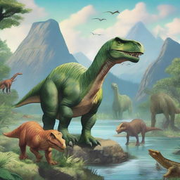 A vibrant and detailed illustration showcasing various dinosaurs in their natural habitat