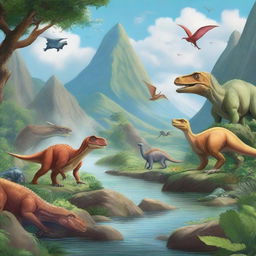 A vibrant and detailed illustration showcasing various dinosaurs in their natural habitat